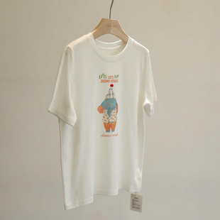 春夏B备单品 T恤女白色宽松百搭减龄圆领上衣 韩系卡通印花短袖