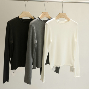 软绵绵!木耳边加绒白色打底衫女秋冬舒适百搭修身短款T恤上衣