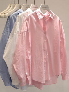 韩系宽松薄款 bi备单品 新款 女前短后长上衣 2024春季 纯棉粉色衬衫