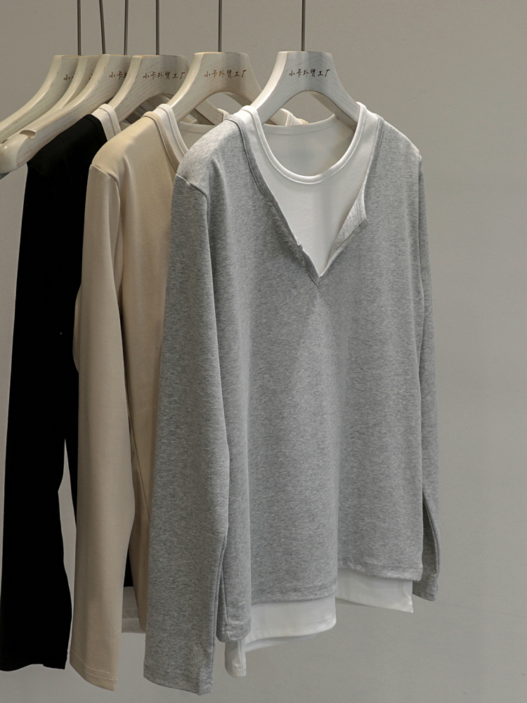 长袖基础百搭假两件打底衫