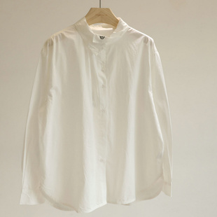 早春人气款！韩版刺绣白色圆领长袖衬衫女宽松百搭显瘦素雅风衬衣