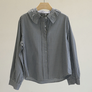 日单工厂货~立领荷叶边格子衬衫女日系文艺范宽松棉质衬衣春款