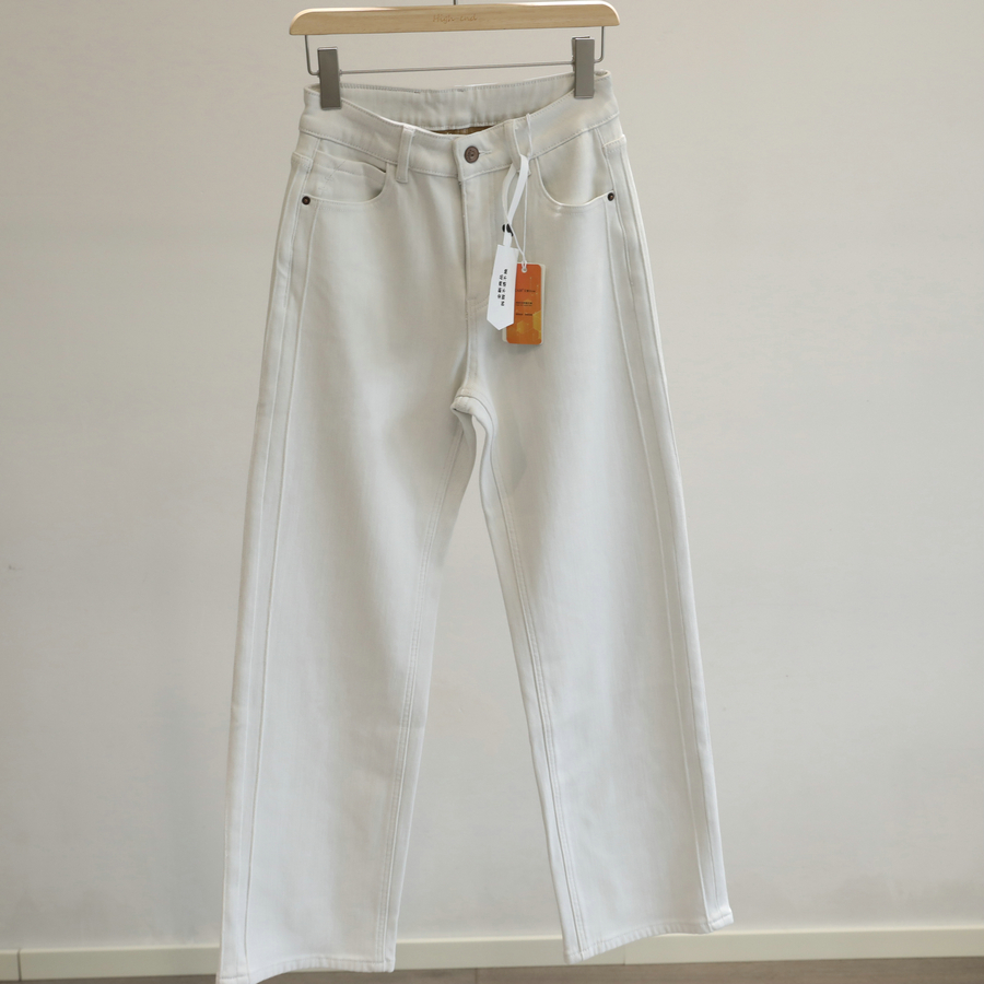 米白色加绒窄版直筒牛仔裤长裤