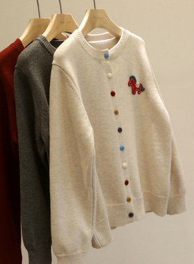 新年bi备款！刺绣小马彩扣针织开衫女红色宽松百搭甜美毛衣外套