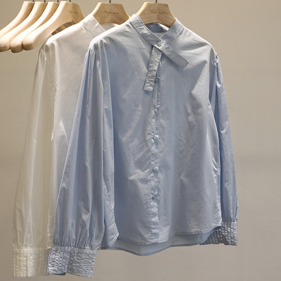 气质简约！纯色小立领长袖衬衫女2025春款通勤百搭棉质叠穿衬衣