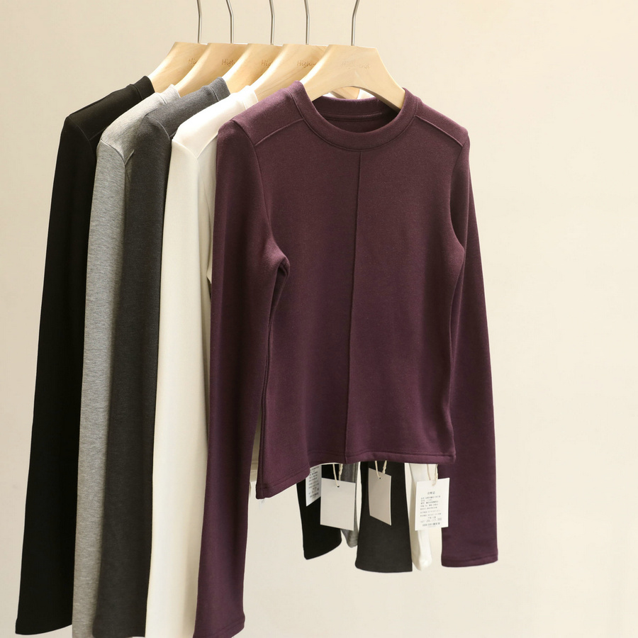 果断自留！冬季加绒打底衫女修身显瘦百搭纯色圆领短款内搭上衣