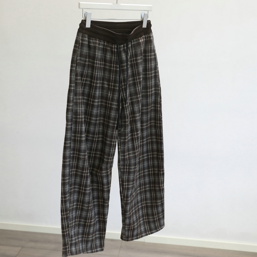 嘎嘎有腔调~加绒格子休闲裤女装秋冬复古咖啡色宽松显瘦直筒长裤