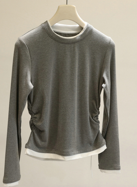 好穿W者！秋冬加绒假两件长袖T恤打底衫女褶皱收腰显瘦内搭短上衣