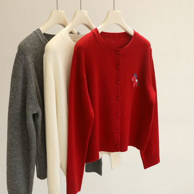 美美美！小马刺绣绵羊毛针织开衫女2025新款圆领长袖百搭毛衣外套