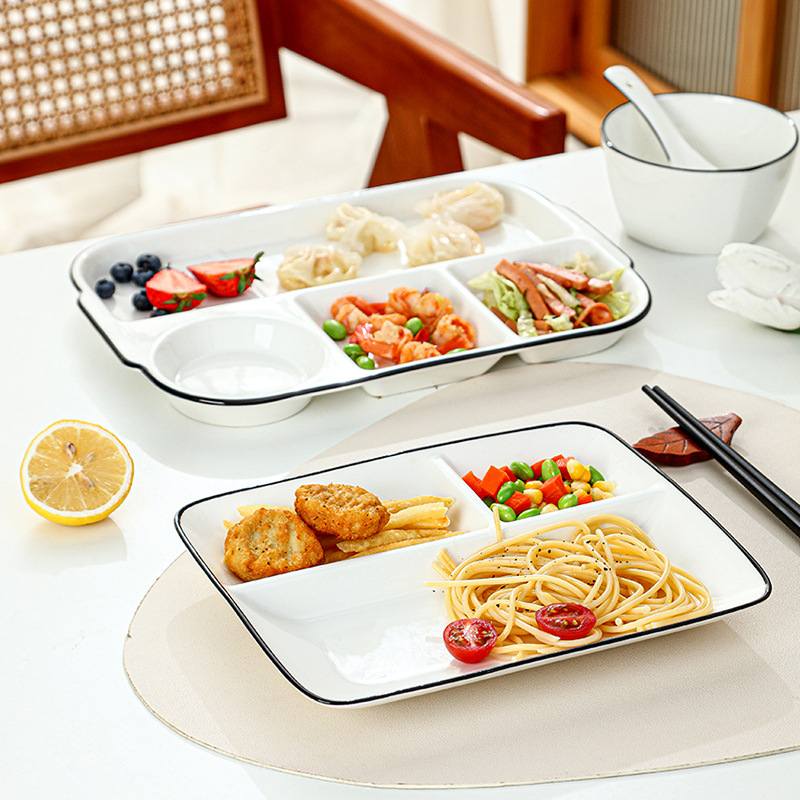 分格陶瓷餐盘早餐餐具儿童定量轻食北欧三格六格分快餐盘分格定量