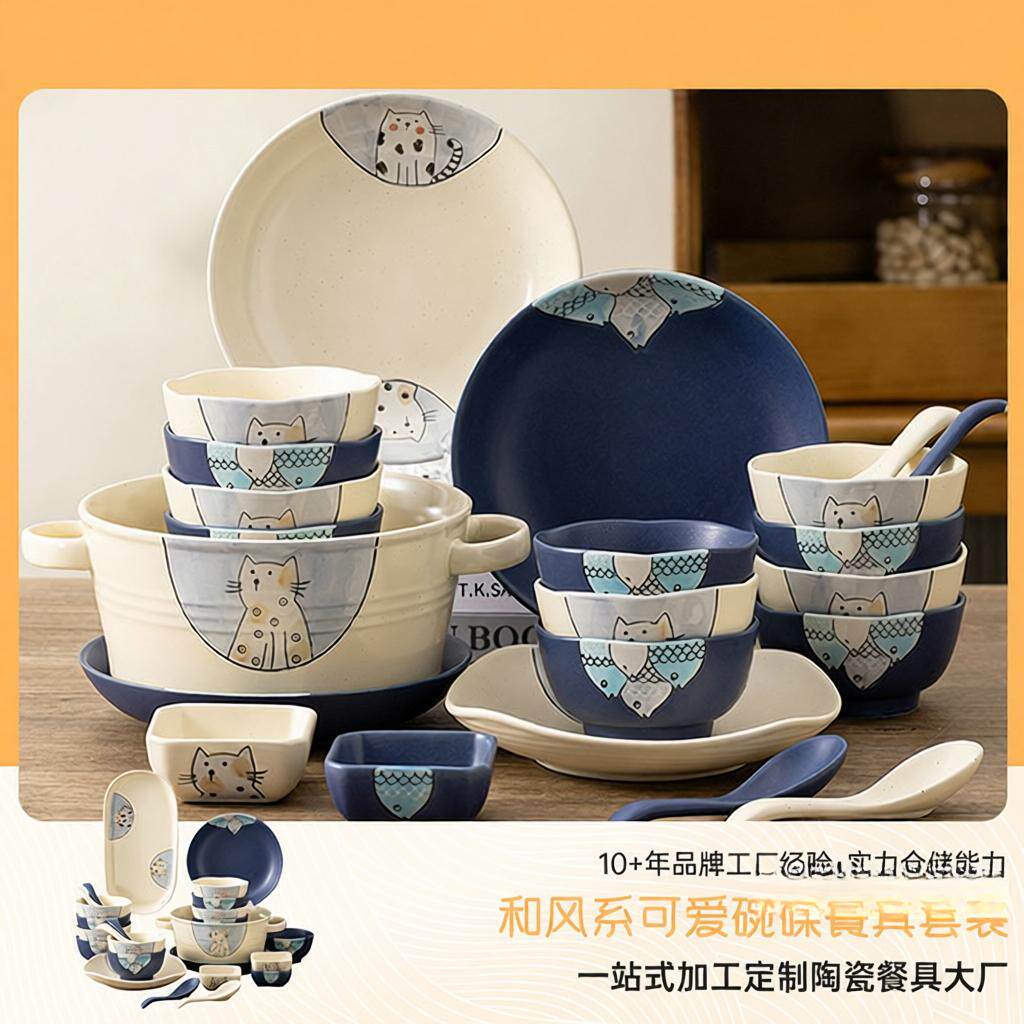 可爱餐具碗碟套装用日式卡通陶瓷碗盘乔迁碗具创意情侣碗筷2人图片
