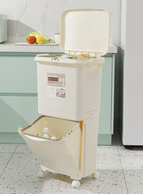 42L日式厨房垃圾桶家用按压带盖双层干湿分离垃圾分类桶包邮