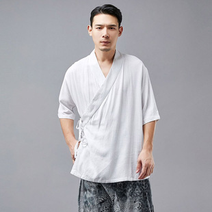 纯麻夏季薄款中国风短袖衬衫男改良汉服衬衣古风斜襟砂洗麻上衣