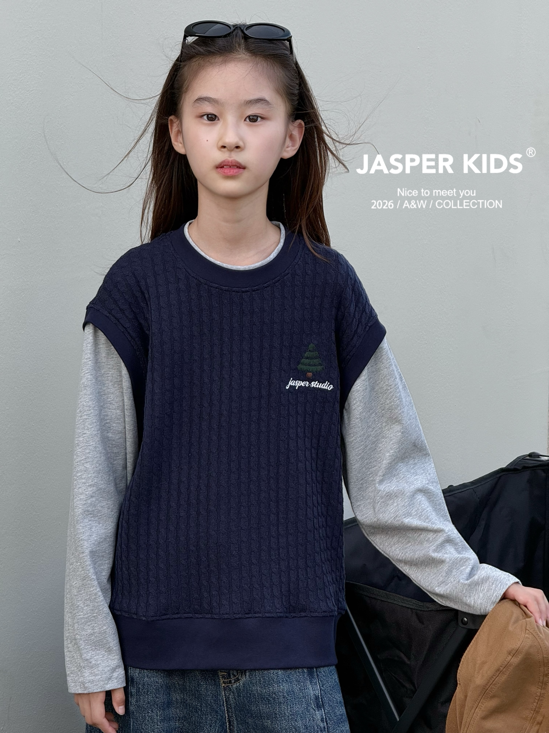 JASPER波拉韩国童装2026秋男女童针织假两件长袖T恤中大童打底衫