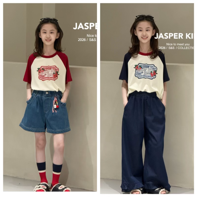 Jasper波拉韩国童装2026夏韩版女童插肩袖T恤中大童百搭短袖上衣