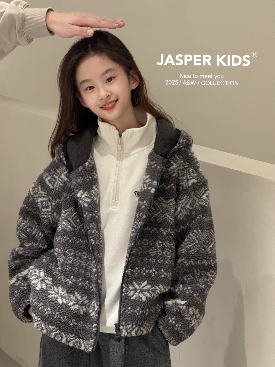 特价Jasper韩国波拉童装2025冬装男女童费尔岛羊羔毛外套儿童棉服