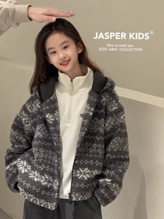 Jasper韩国波拉童装2025冬装男女童费尔岛羊羔毛外套儿童保暖棉服