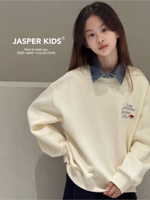 Jasper波拉韩国童装2025冬儿童韩版假两件卫衣中大童一体绒上衣潮