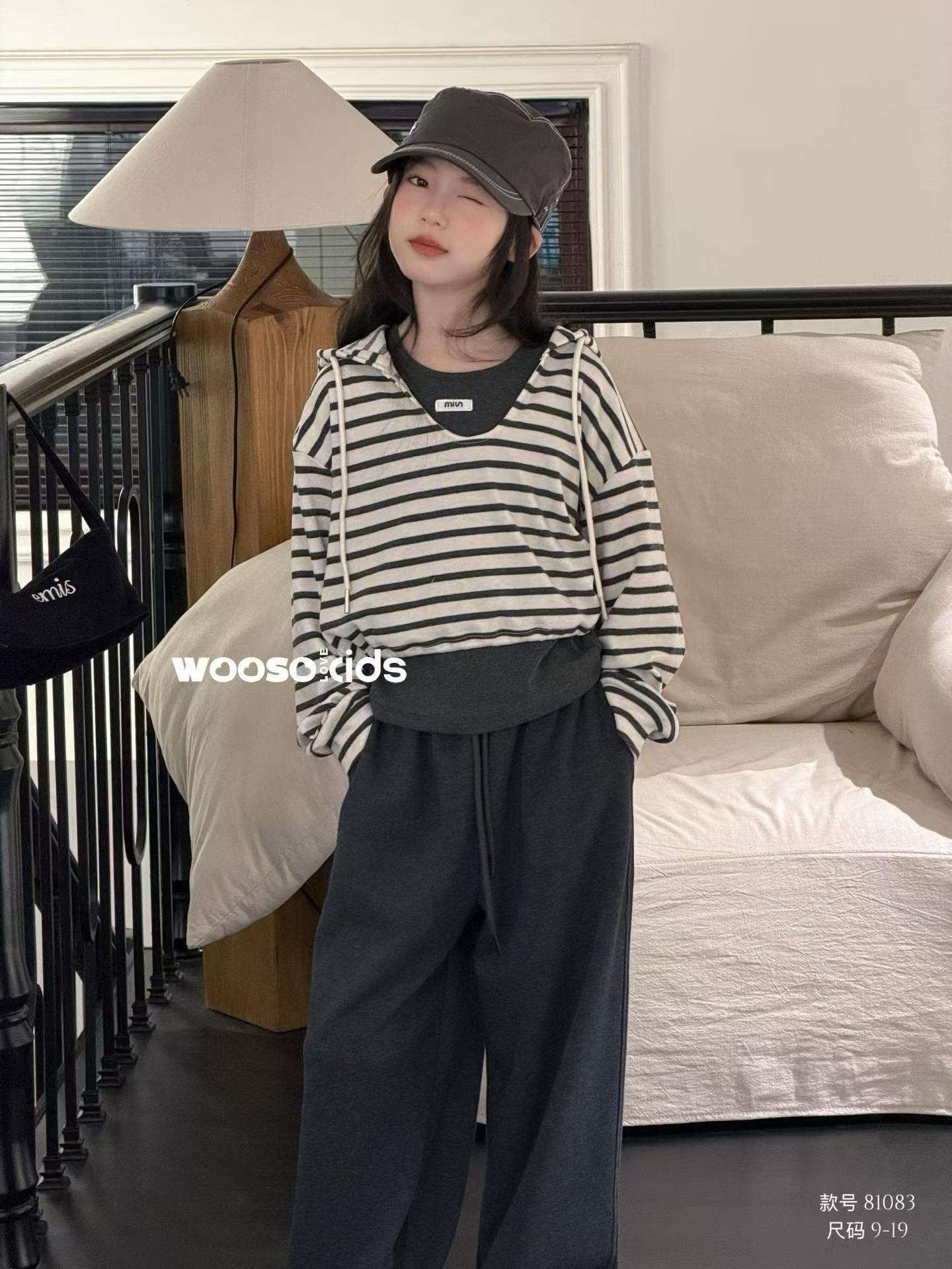 Wooso 吾束童装2026秋女童韩版条纹卫衣套装中大童休闲三件套亲子