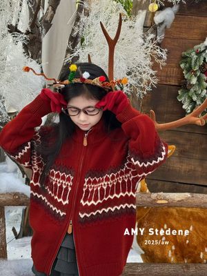 AMY羊绒2025冬韩版男女童费尔岛毛衣双股加厚圣诞新年拉链针织衫