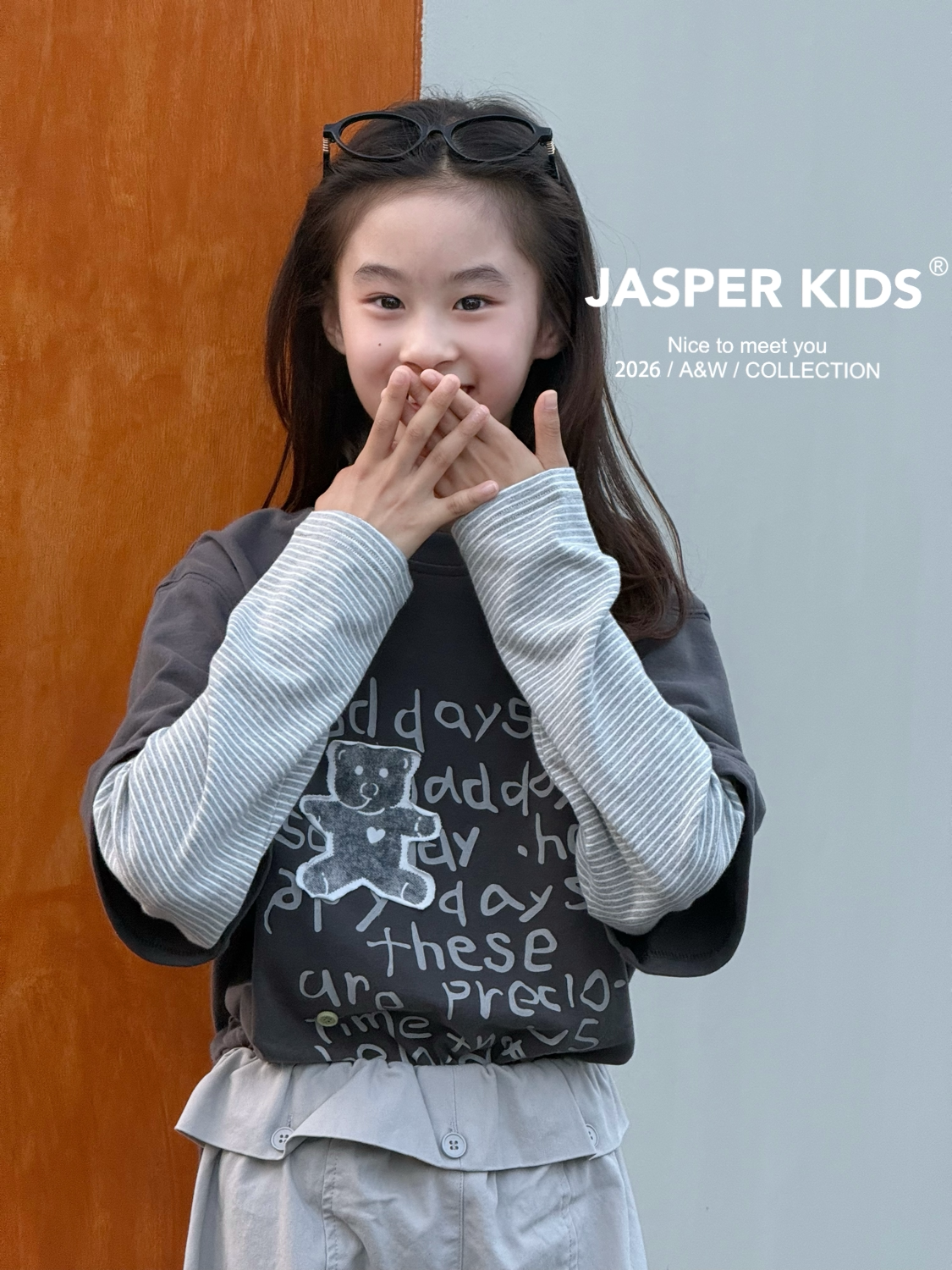 JASPER波拉韩国童装2026秋装男女童假两件长袖T恤中大童韩版上衣