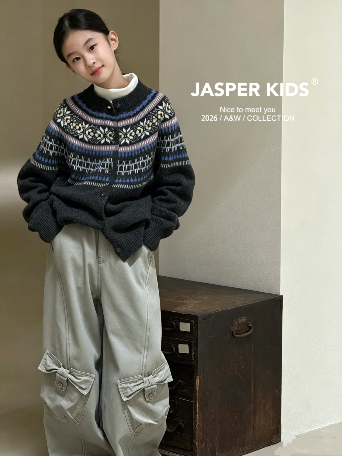 JASPER波拉韩国童装26秋冬男女童韩版费尔岛毛衣儿童针织开衫外套