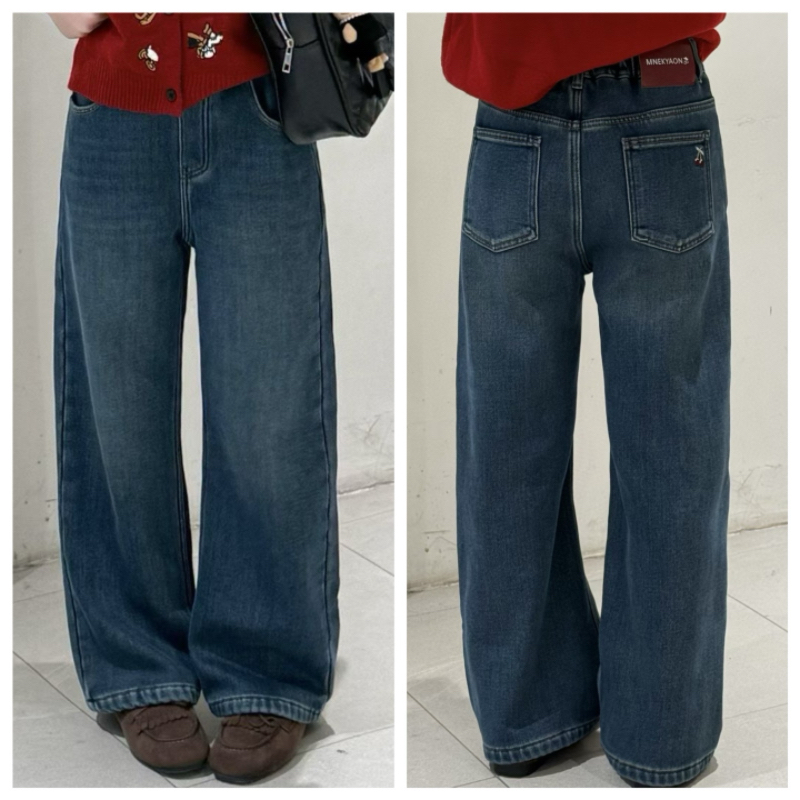 天依角正品2025冬女童加绒樱桃刺绣牛仔裤中大童直筒长裤潮25166