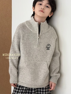 米多MIDOKA韩国波拉童装2025冬新款半拉链羊绒衫男女童立领毛衣潮