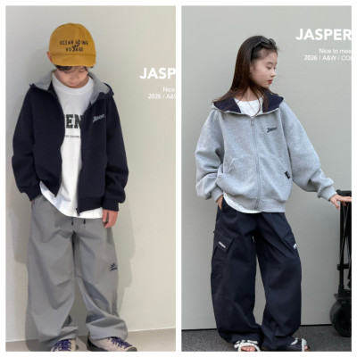 Jasper波拉韩国童装2026秋装男女童连帽拉链外套中大童休闲卫衣潮