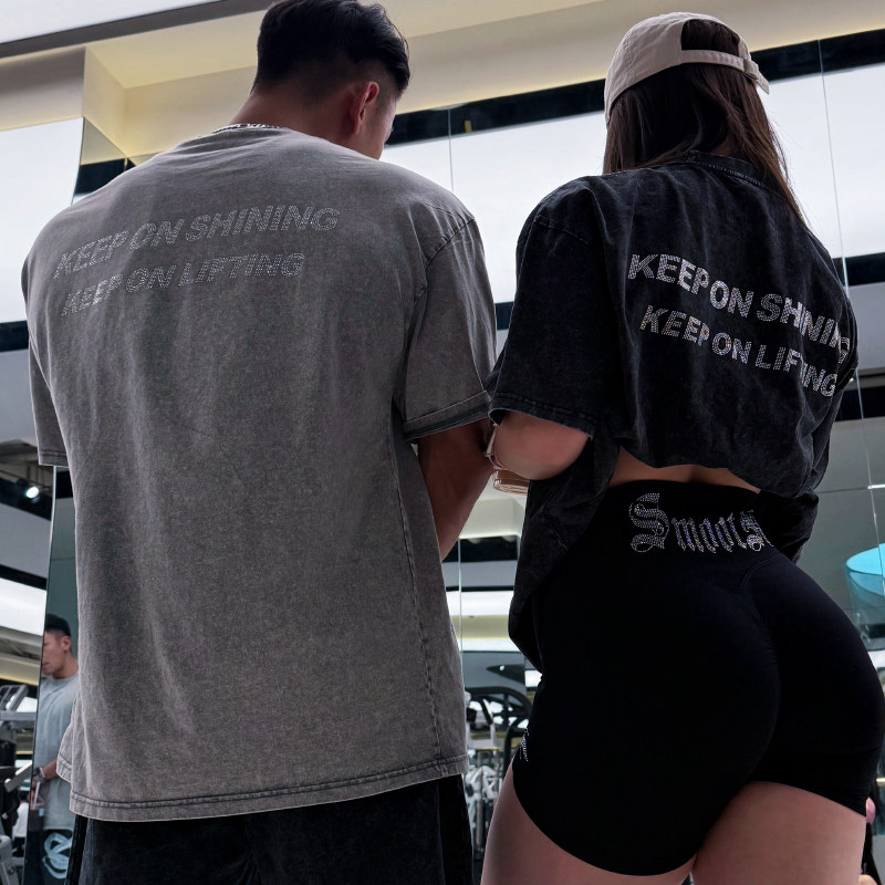 【水洗奥钻T】撸铁休闲短袖高级亮钻春夏四季做旧透气健身宽松T恤