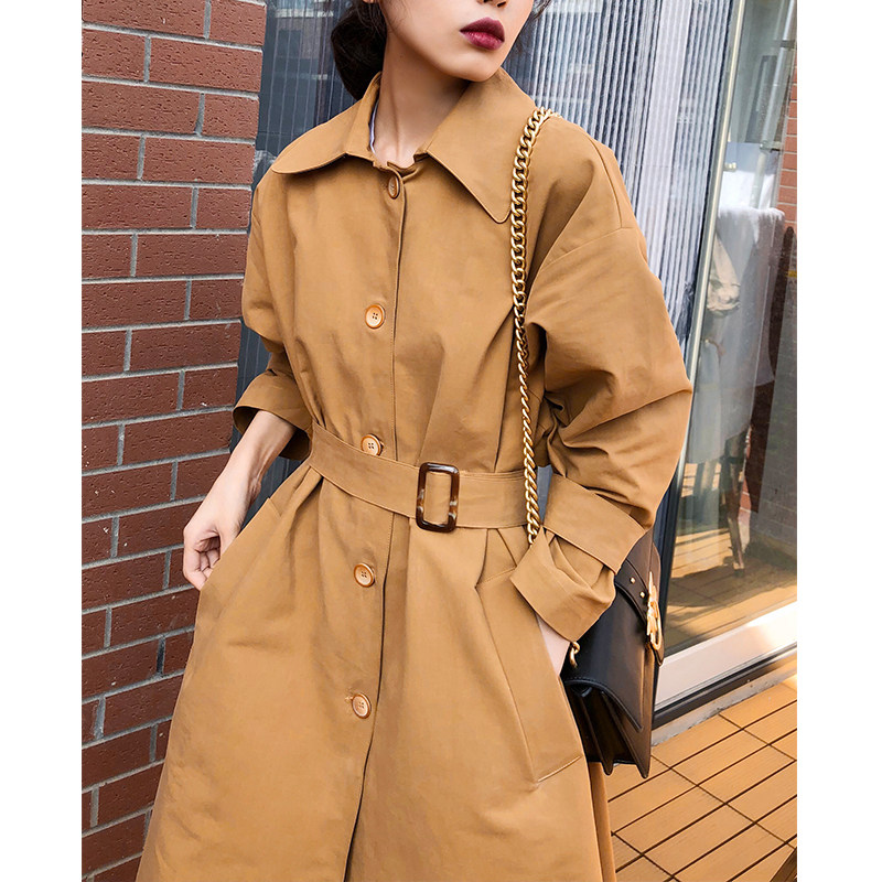 2022春秋新款卡其色中长款风衣气质高端过膝韩版外套宽松大衣美女