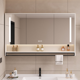 智能实木浴室镜柜卫生间壁挂墙式 带灯梳妆镜子带置物架一体储物柜