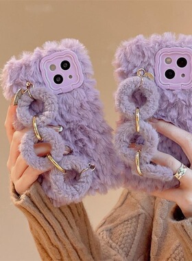 网红同款pura70女mate60pro+适用华为100荣耀200pro/90gt/80se纯色手机壳手链条x60x畅享70/50plus毛绒畅玩40