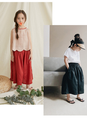 （现货）韩国RoanJane夏款儿童亚麻薄款凉爽舒适阔腿裤七分裤