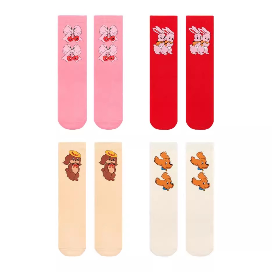 秋冬新款花朵中筒袜可爱卡通