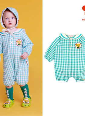 (现货)BEBEDEPINO/贝贝品诺22春季宝宝格纹海军领连体衣爬服套装