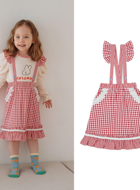 (现货)韩国PRANKSOME22春季女童红色格子绯边吊带连衣裙