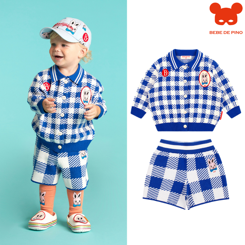 BEBEDEPINO蓝色格纹毛衣开衫短裤