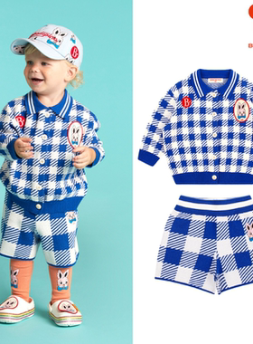(现货)BEBEDEPINO/贝贝品诺23春款宝宝儿童蓝色格纹毛衣开衫短裤