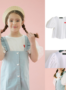 (现货)韩国RoanJane 2021夏款儿童白色小心心刺绣泡泡袖T恤