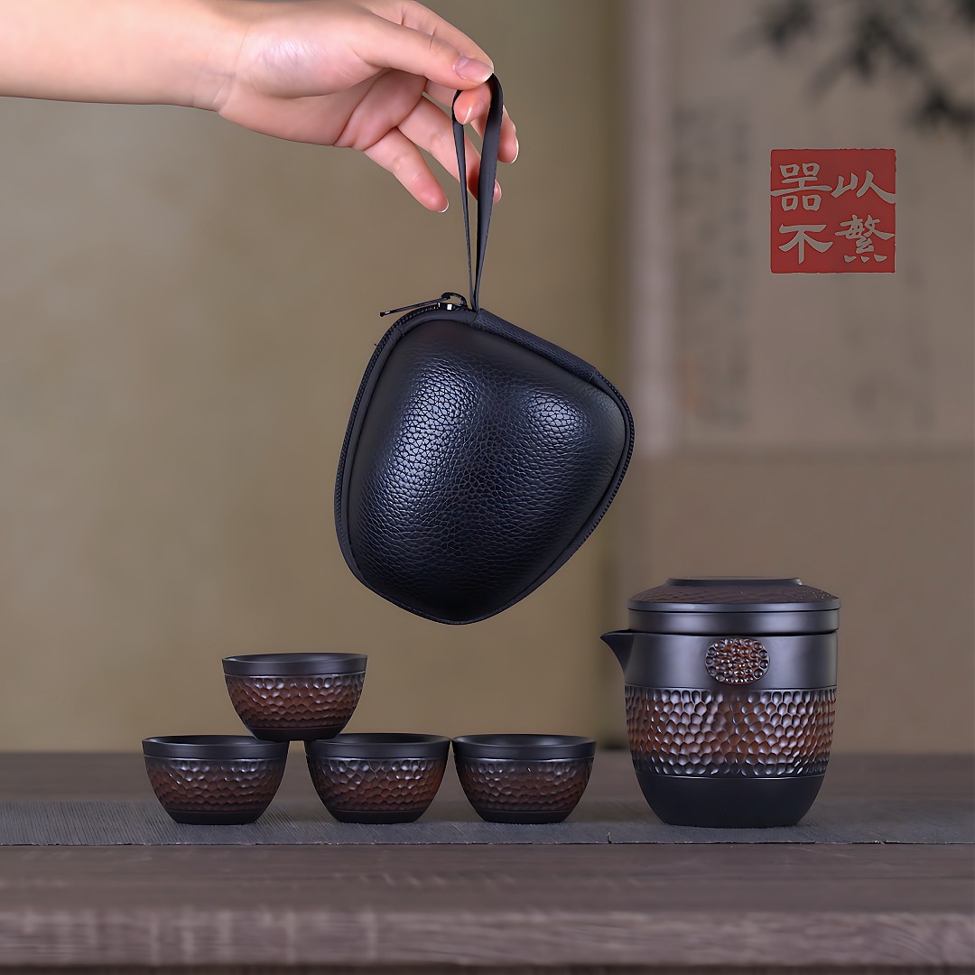 锦山堂紫陶旅行茶具1壶4杯锤纹快客杯便携式旅游户外车载功夫茶具