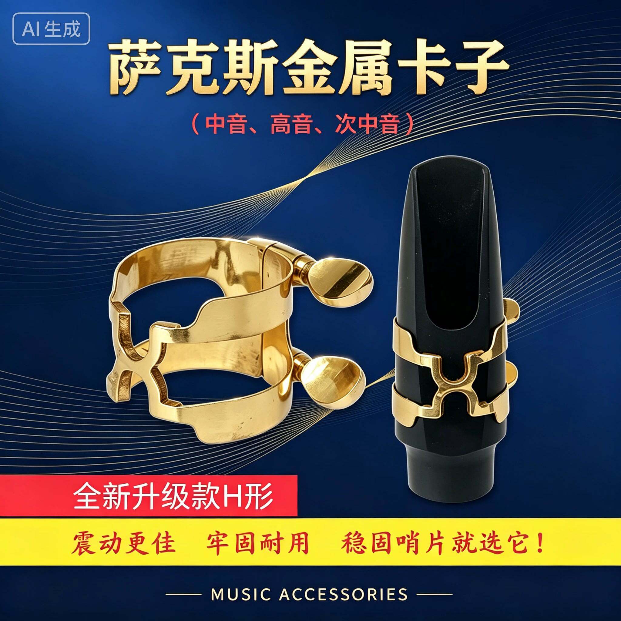 H型哨片卡适用于中音高音次中音萨克斯胶木笛头卡子纯铜镀金卡子