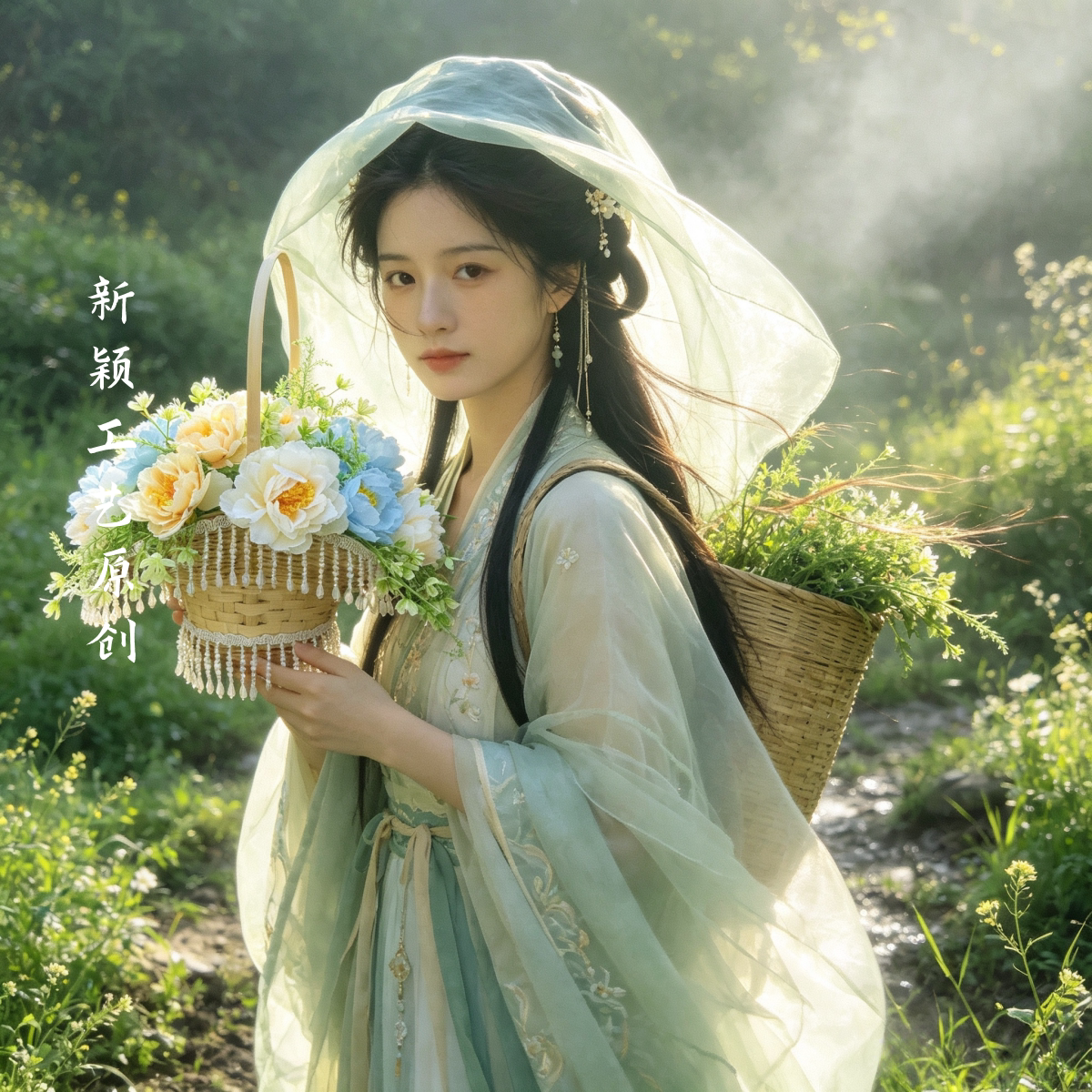 小清新牡丹国色汉服摄影道具花篮古风舞蹈拍摄花篮田园小花篮图片