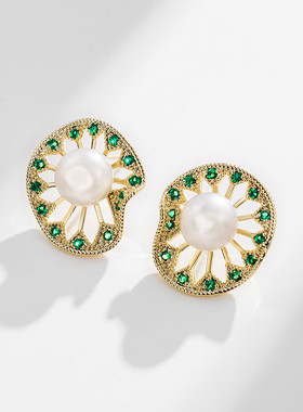 925银针绿色荷叶大气耳钉项链戒指套装淡水珍珠气质耳环个性耳饰