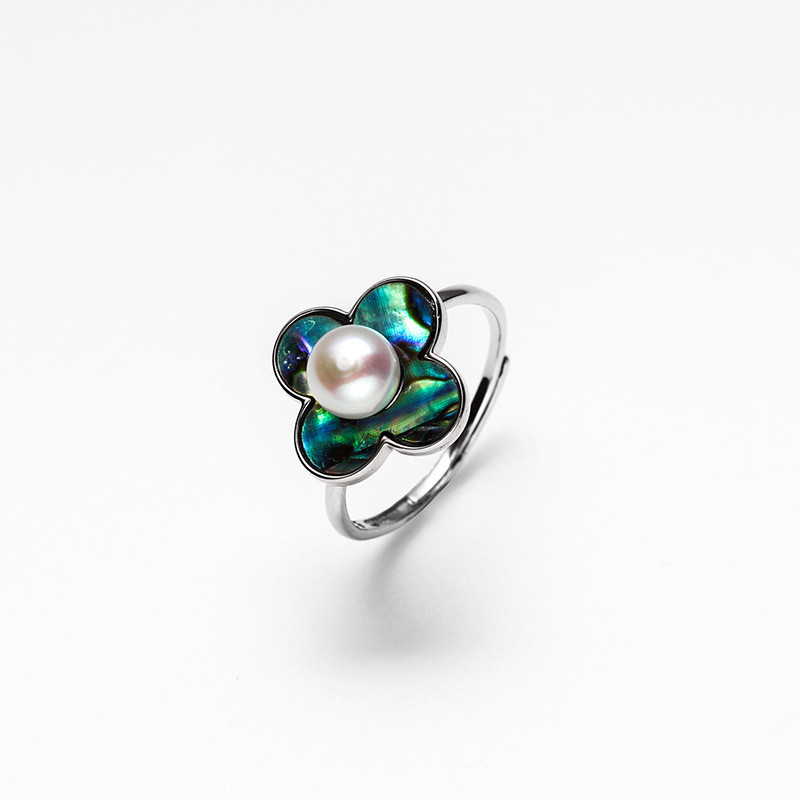 925银四叶花珍珠项链耳环戒指三