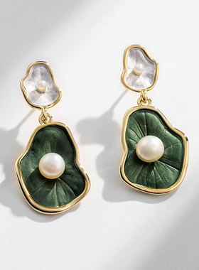 绿色荷叶珍珠耳环女 韩国925银针不规则耳饰2025年新款潮清新耳钉