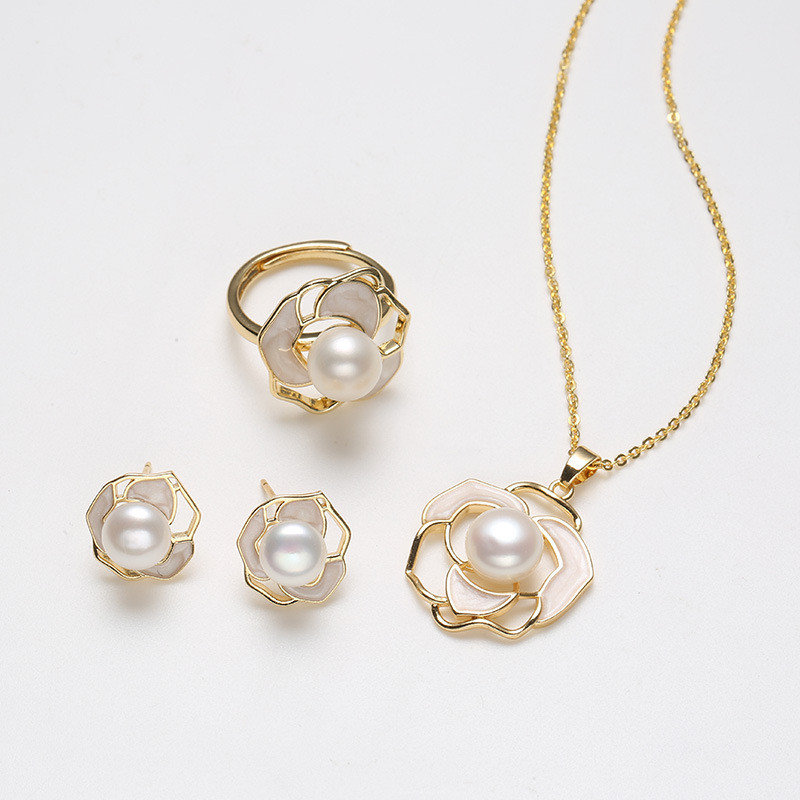 镂空山茶花珍珠吊坠项链耳环戒指