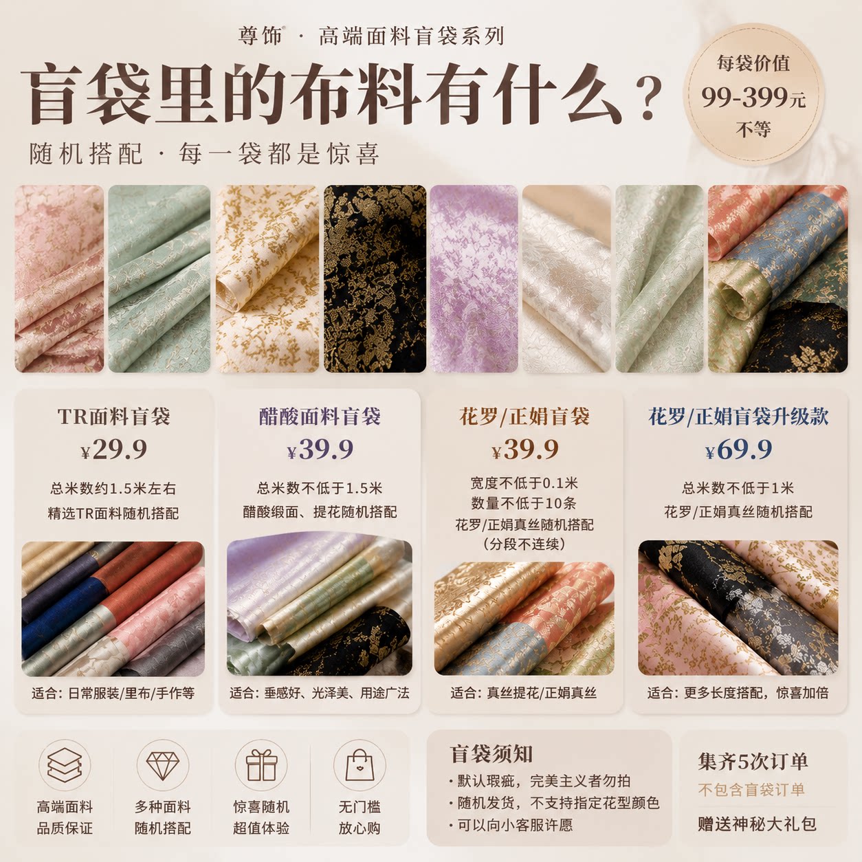 【设计师面料盲袋】真丝正绢/花罗/TR/醋酸随机盲袋 DIY手作福袋
