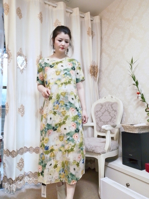 仙仙桑蚕丝印花圆领连衣裙