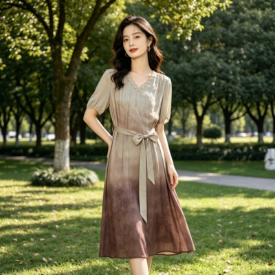 桑蚕丝显瘦豆沙粉妈妈连衣裙